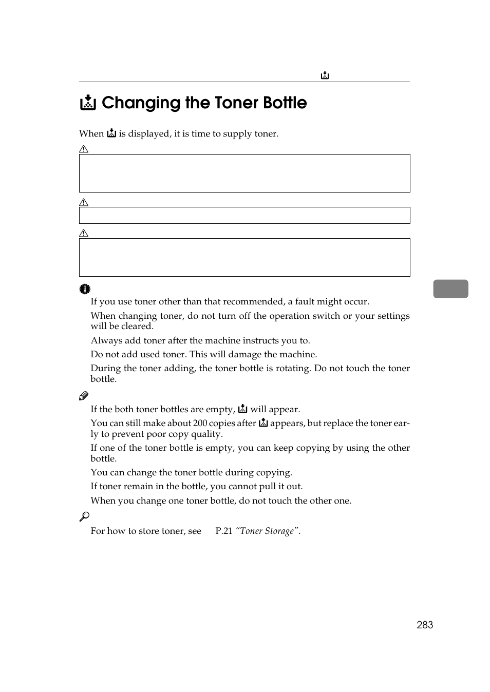 Changing the toner bottle, P.283, Chang | Ing the toner bottle, 5d changing the toner bottle | Lanier 5484 User Manual | Page 297 / 368