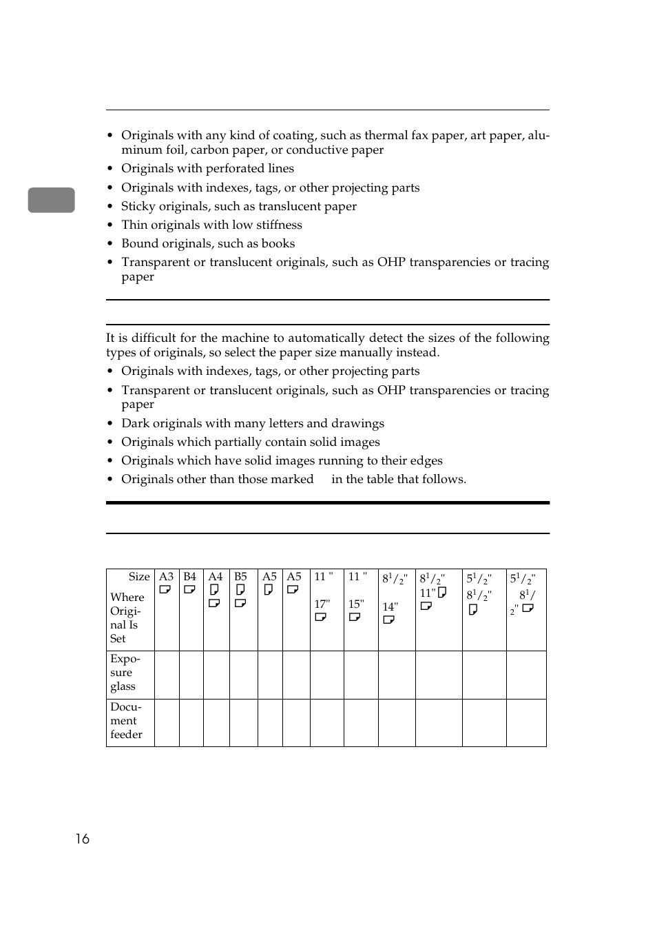 Sizes difficult to detect, Sizes detectable by auto paper select | Lanier 5484 User Manual | Page 30 / 368