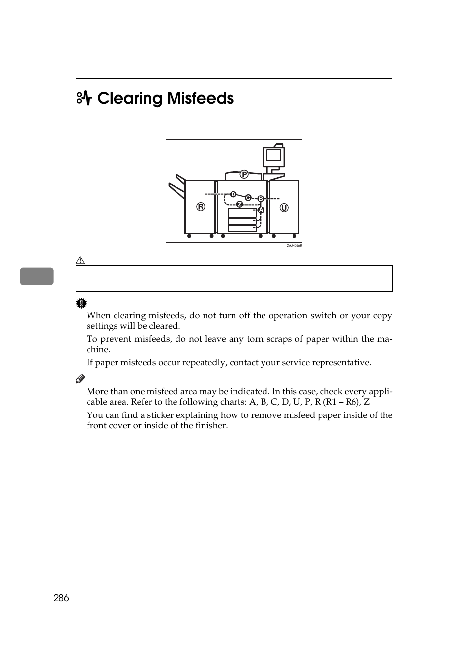 Clearing misfeeds, P.286, Clear | Ing misfeeds, 5x clearing misfeeds | Lanier 5484 User Manual | Page 300 / 368