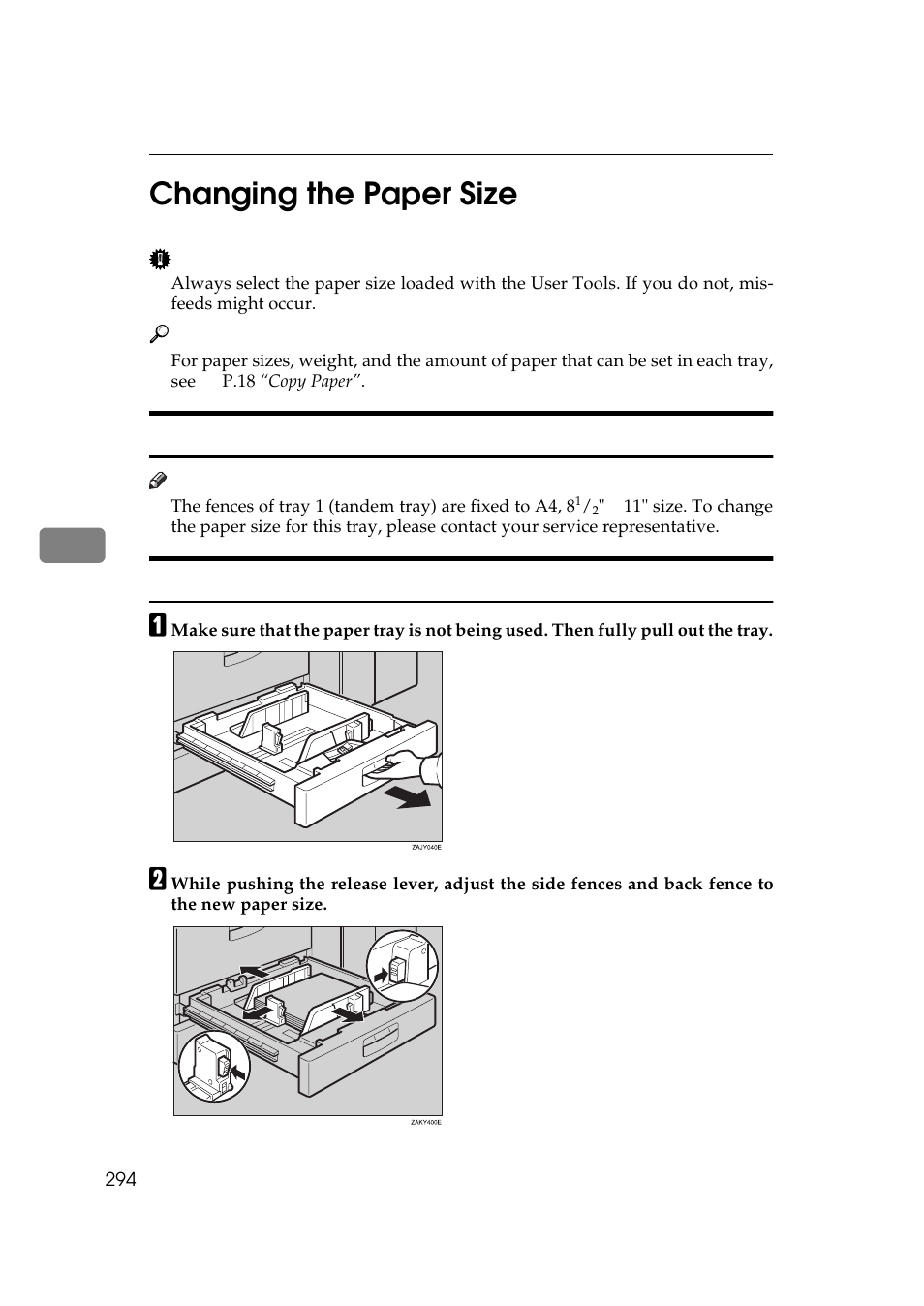 Changing the paper size, Changing the paper size in tray 1, Changing the paper size in tray 2 and tray 3 | P.294 “changing the, Paper size, P.294, 5changing the paper size | Lanier 5484 User Manual | Page 308 / 368