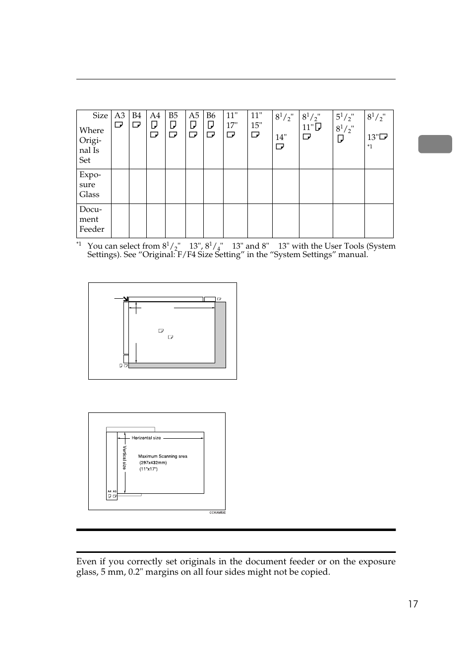 Exposure glass, Document feeder, Scannable area from the exposure glass | Inch version, Exposure glass ❖ document feeder | Lanier 5484 User Manual | Page 31 / 368