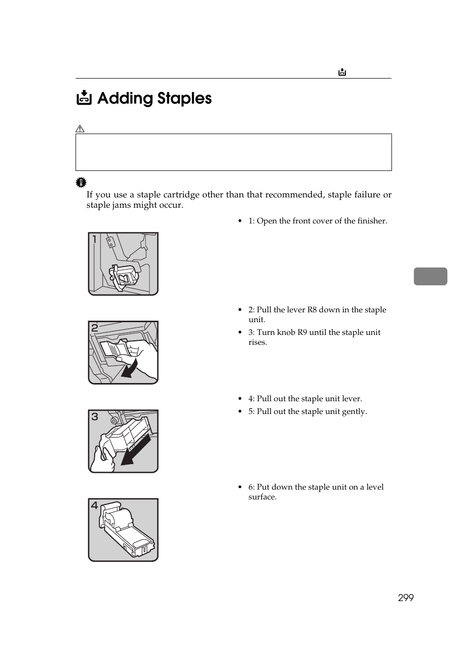 Adding staples, P.299, Adding | Staples, 5d adding staples | Lanier 5484 User Manual | Page 313 / 368