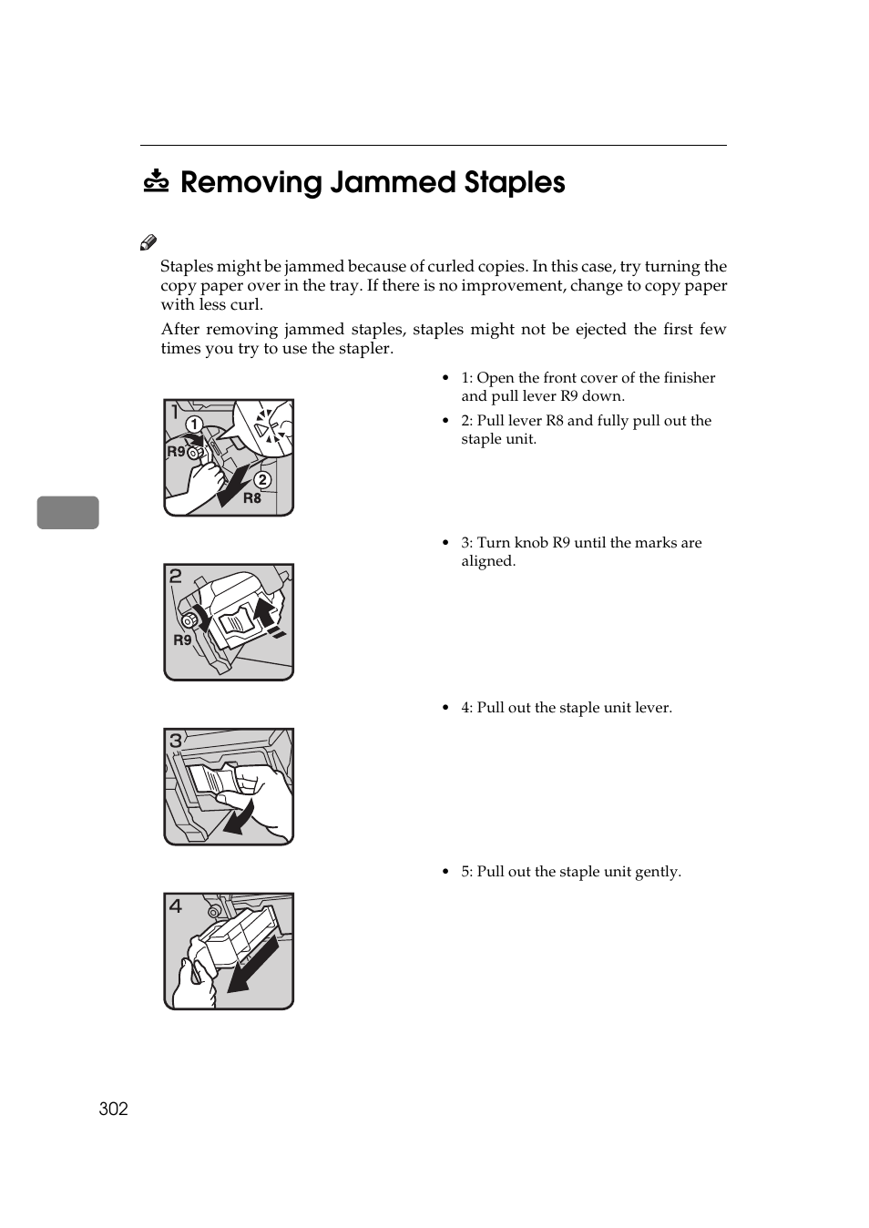 Removing jammed staples, P.302, Remov | Ing jammed staples, Removing, Jammed staples, 5e removing jammed staples | Lanier 5484 User Manual | Page 316 / 368