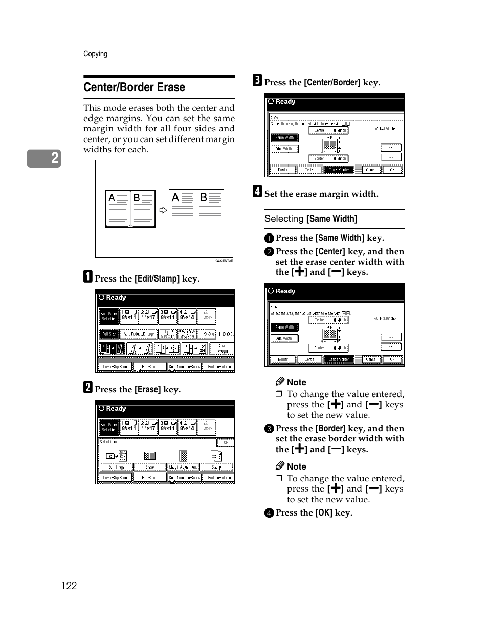 Center/ border erase, Center/border erase | Lanier 1027 User Manual | Page 134 / 246