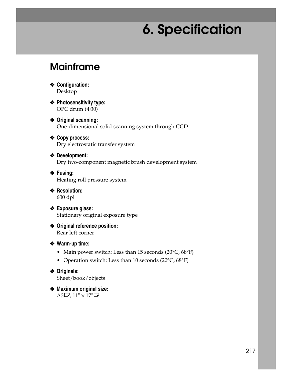 Specification, Mainframe | Lanier 1027 User Manual | Page 229 / 246