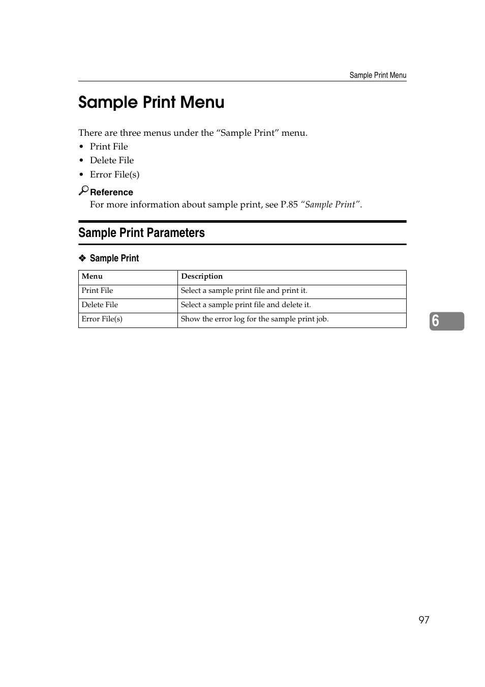 6sample print menu, Sample print parameters | Lanier AP3200 User Manual | Page 111 / 140