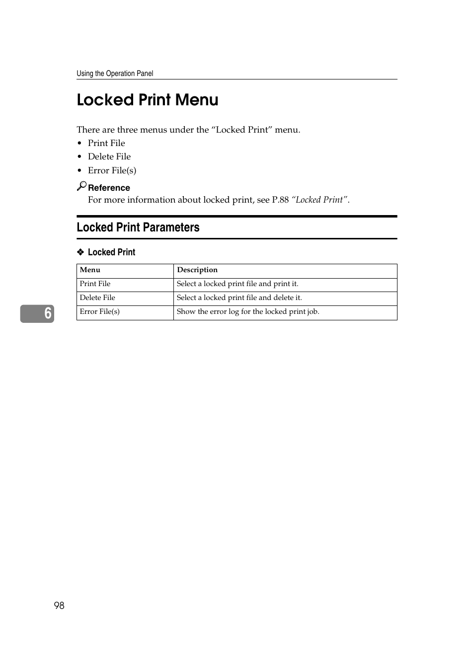 6locked print menu, Locked print parameters | Lanier AP3200 User Manual | Page 112 / 140