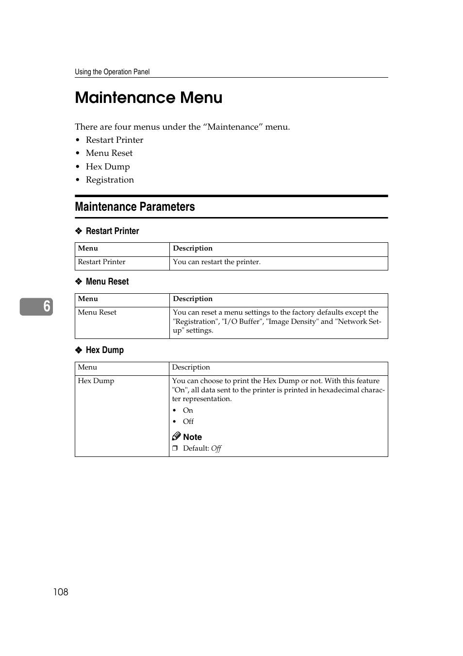 6maintenance menu, Maintenance parameters | Lanier AP3200 User Manual | Page 122 / 140