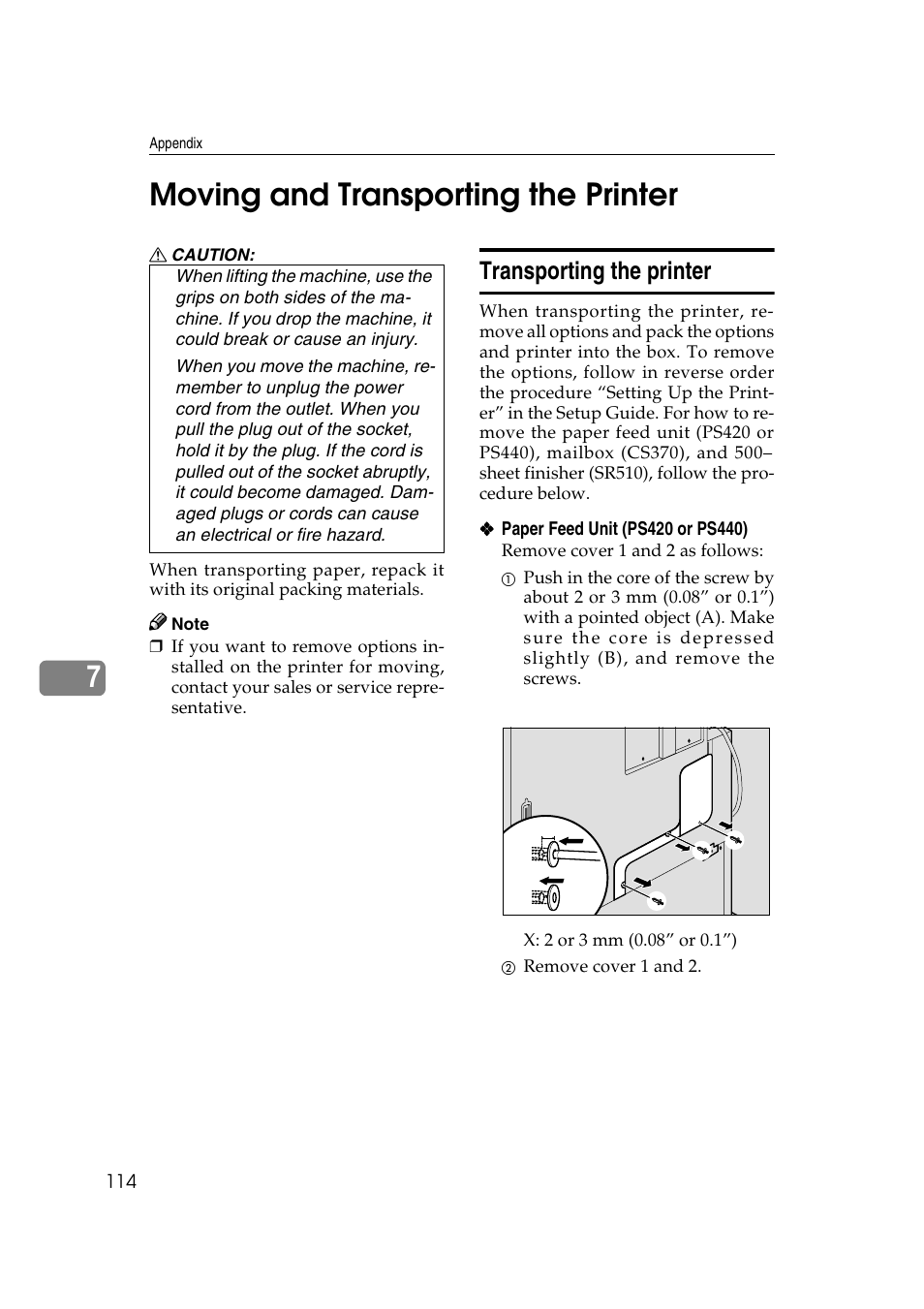 7moving and transporting the printer, Transporting the printer | Lanier AP3200 User Manual | Page 128 / 140