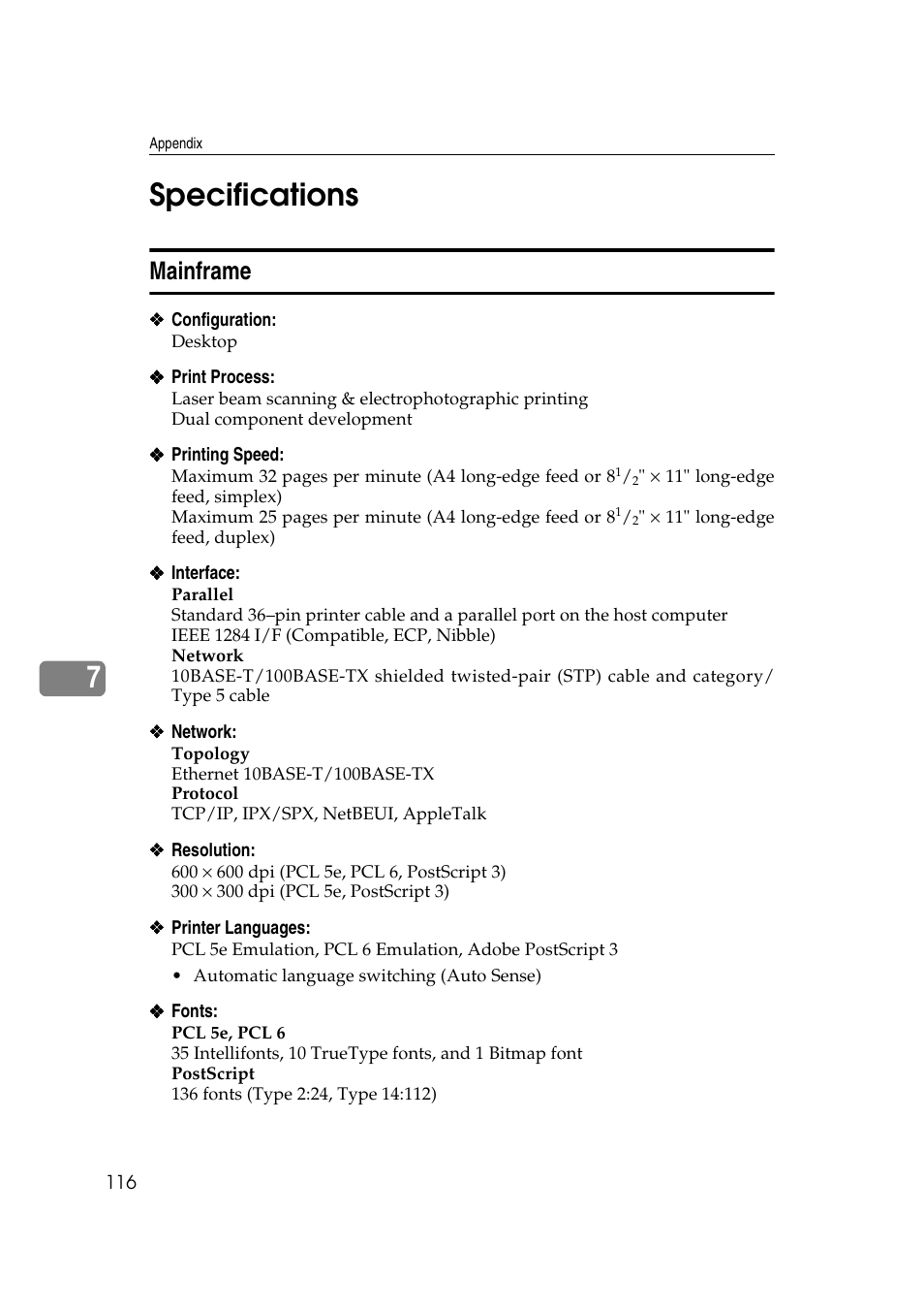 7specifications, Mainframe | Lanier AP3200 User Manual | Page 130 / 140