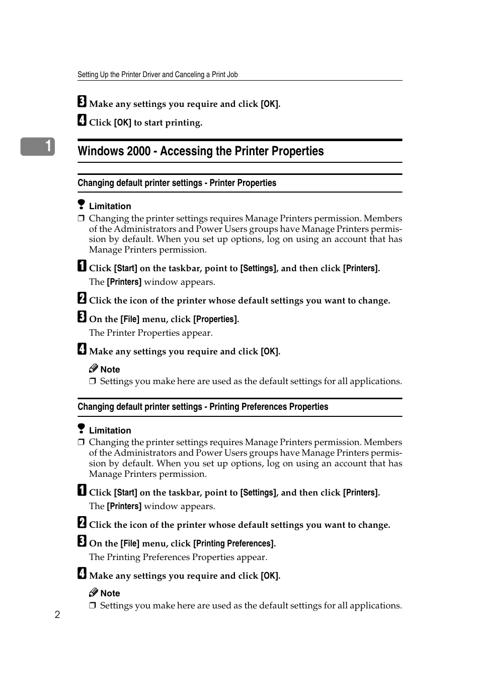 Windows 2000 - accessing the printer properties | Lanier AP3200 User Manual | Page 16 / 140