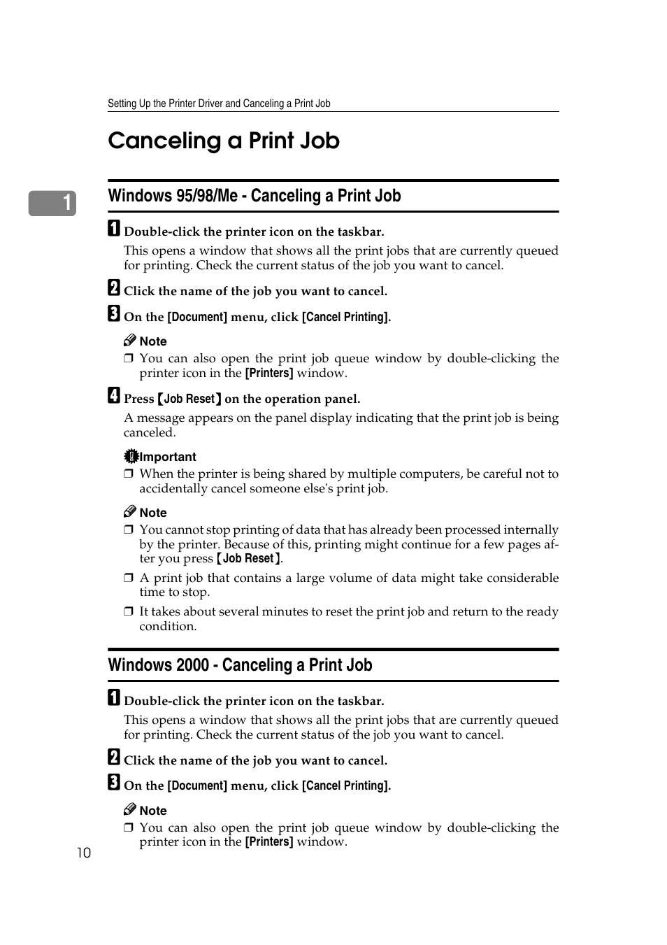 1canceling a print job, Windows 95/98/me - canceling a print job, Windows 2000 - canceling a print job | Lanier AP3200 User Manual | Page 24 / 140