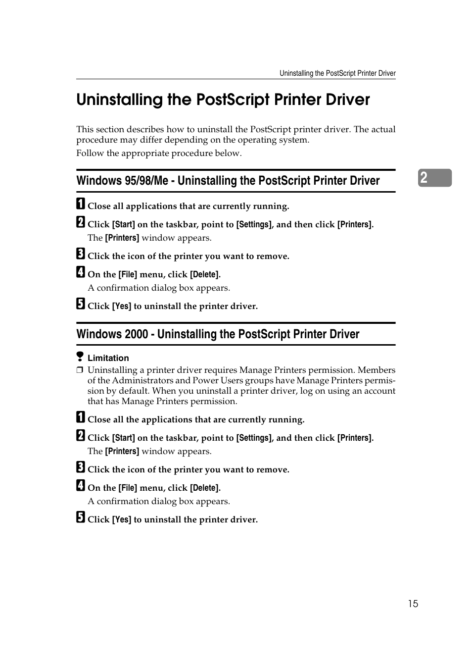 2uninstalling the postscript printer driver | Lanier AP3200 User Manual | Page 29 / 140