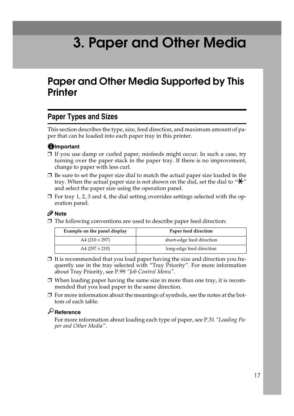 Paper and other media, Paper and other media supported by this printer, Paper types and sizes | Lanier AP3200 User Manual | Page 31 / 140