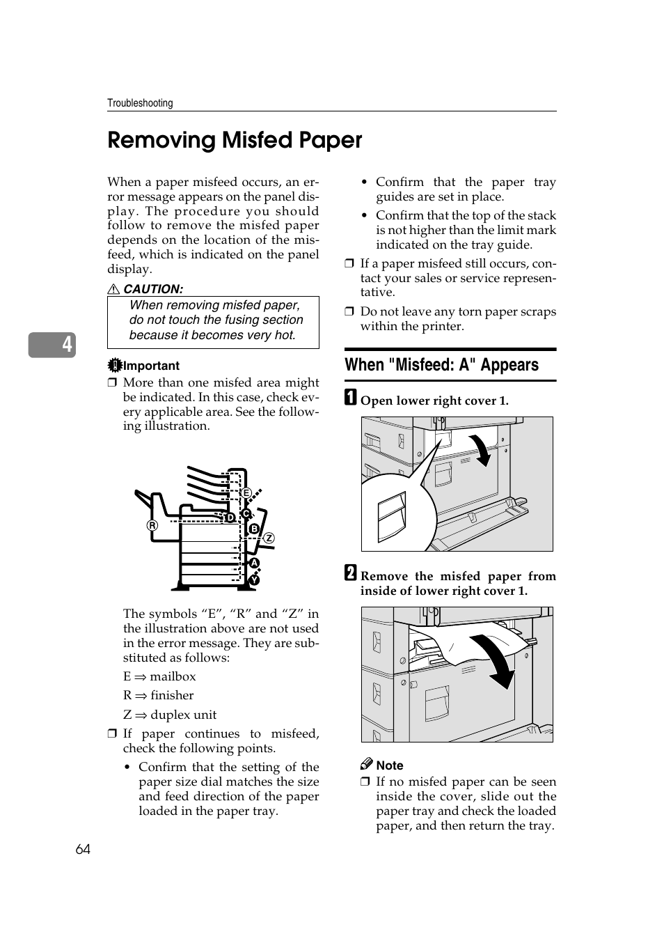 4removing misfed paper, When "misfeed: a" appears | Lanier AP3200 User Manual | Page 78 / 140