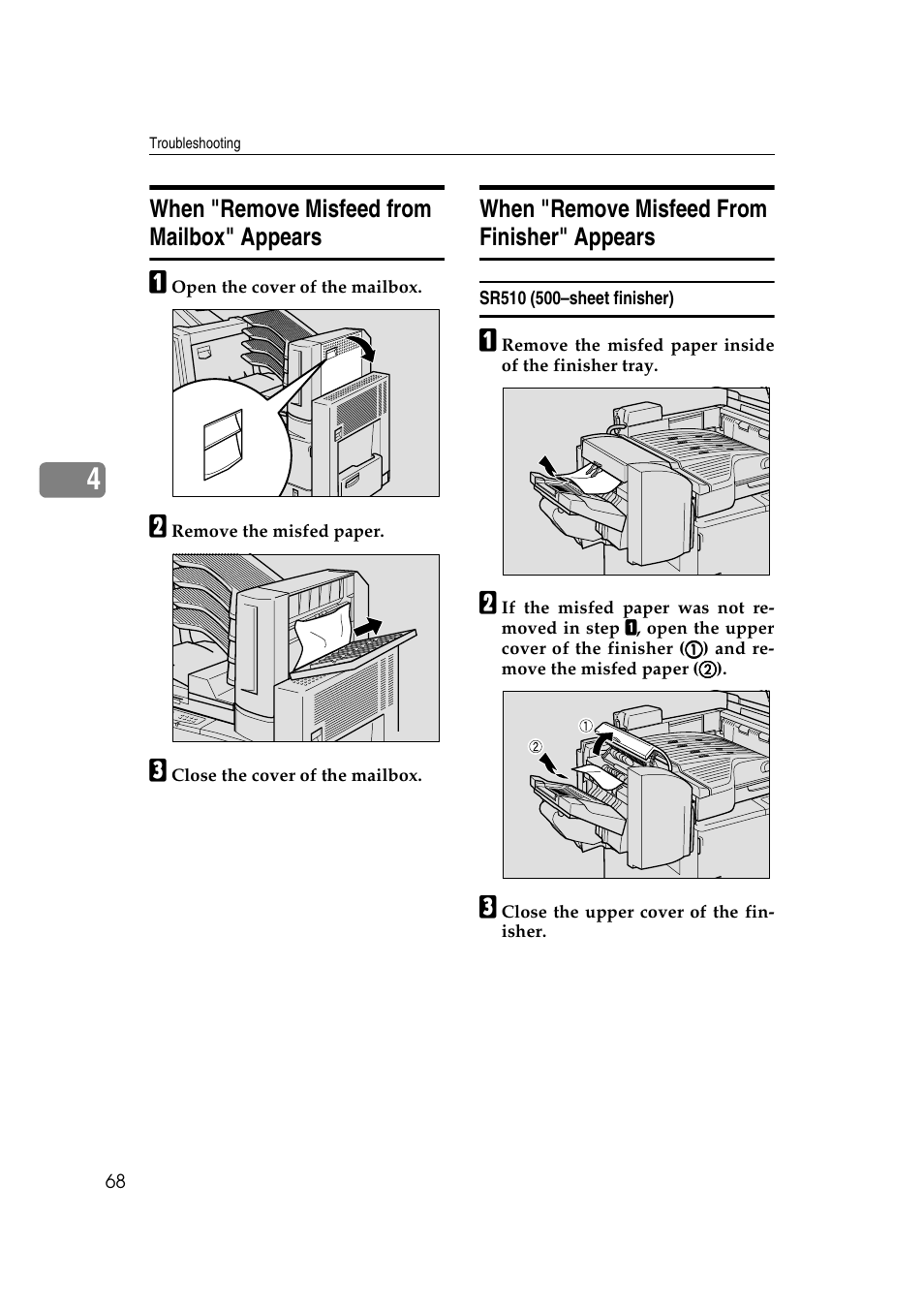 When "remove misfeed from mailbox" appears, When "remove misfeed from finisher" appears | Lanier AP3200 User Manual | Page 82 / 140