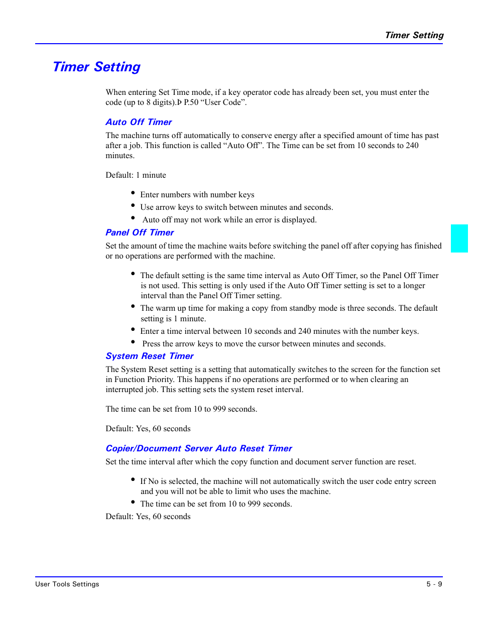 Timer setting, Auto off timer, Panel off timer | System reset timer, Copier/document server auto reset timer, Timer setting -9 | Lanier 5635 User Manual | Page 125 / 288