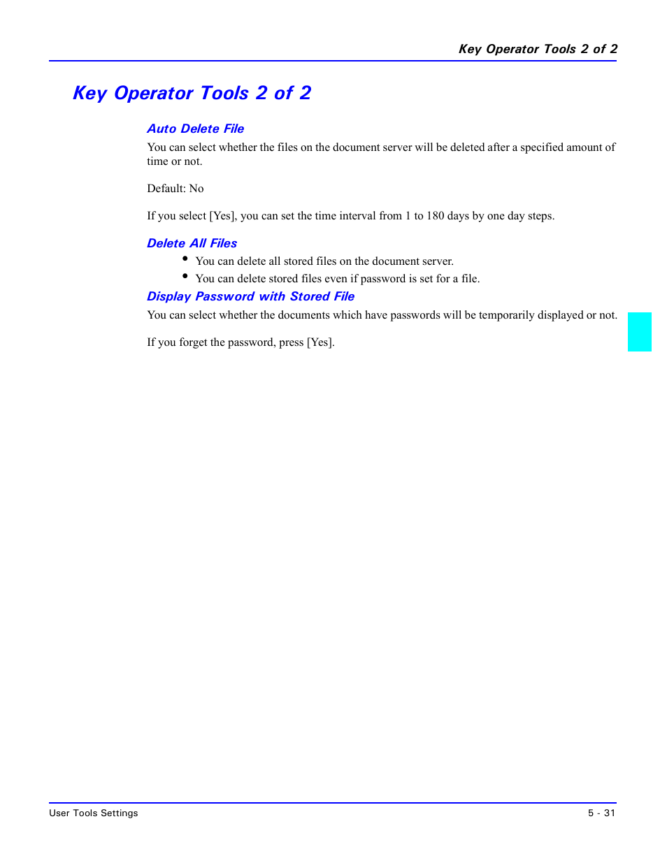 Key operator tools 2 of 2, Auto delete file, Delete all files | Display password with stored file, Key operator tools 2 of 2 -31 | Lanier 5635 User Manual | Page 147 / 288