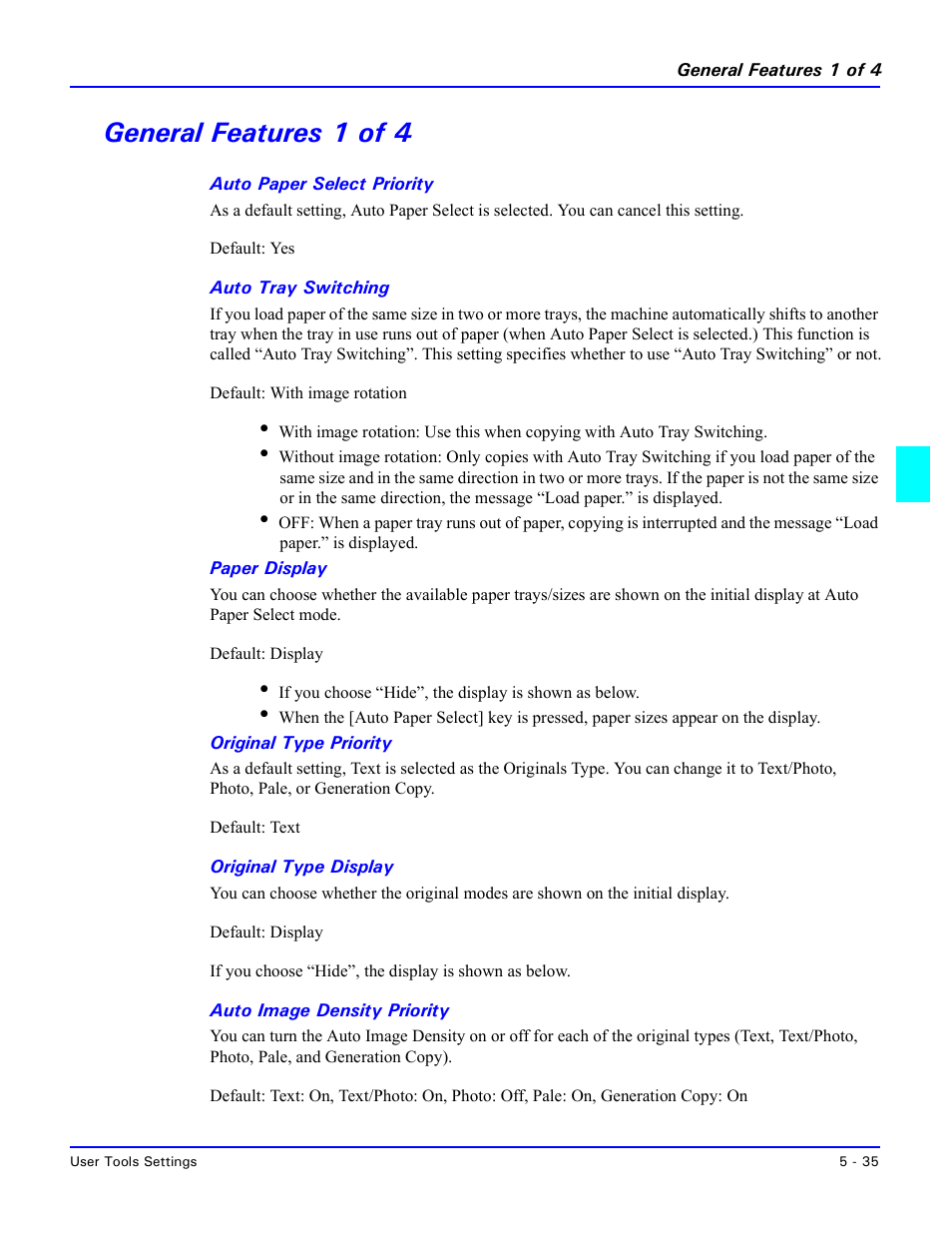 General features 1 of 4, Auto paper select priority, Auto tray switching | Paper display, Original type priority, Original type display, Auto image density priority, General features 1 of 4 -35 | Lanier 5635 User Manual | Page 151 / 288