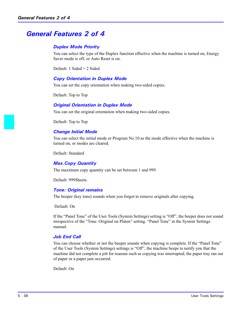 General features 2 of 4, Duplex mode priority, Copy orientation in duplex mode | Original orientation in duplex mode, Change initial mode, Max.copy quantity, Tone: original remains, Job end call, General features 2 of 4 -38 | Lanier 5635 User Manual | Page 154 / 288