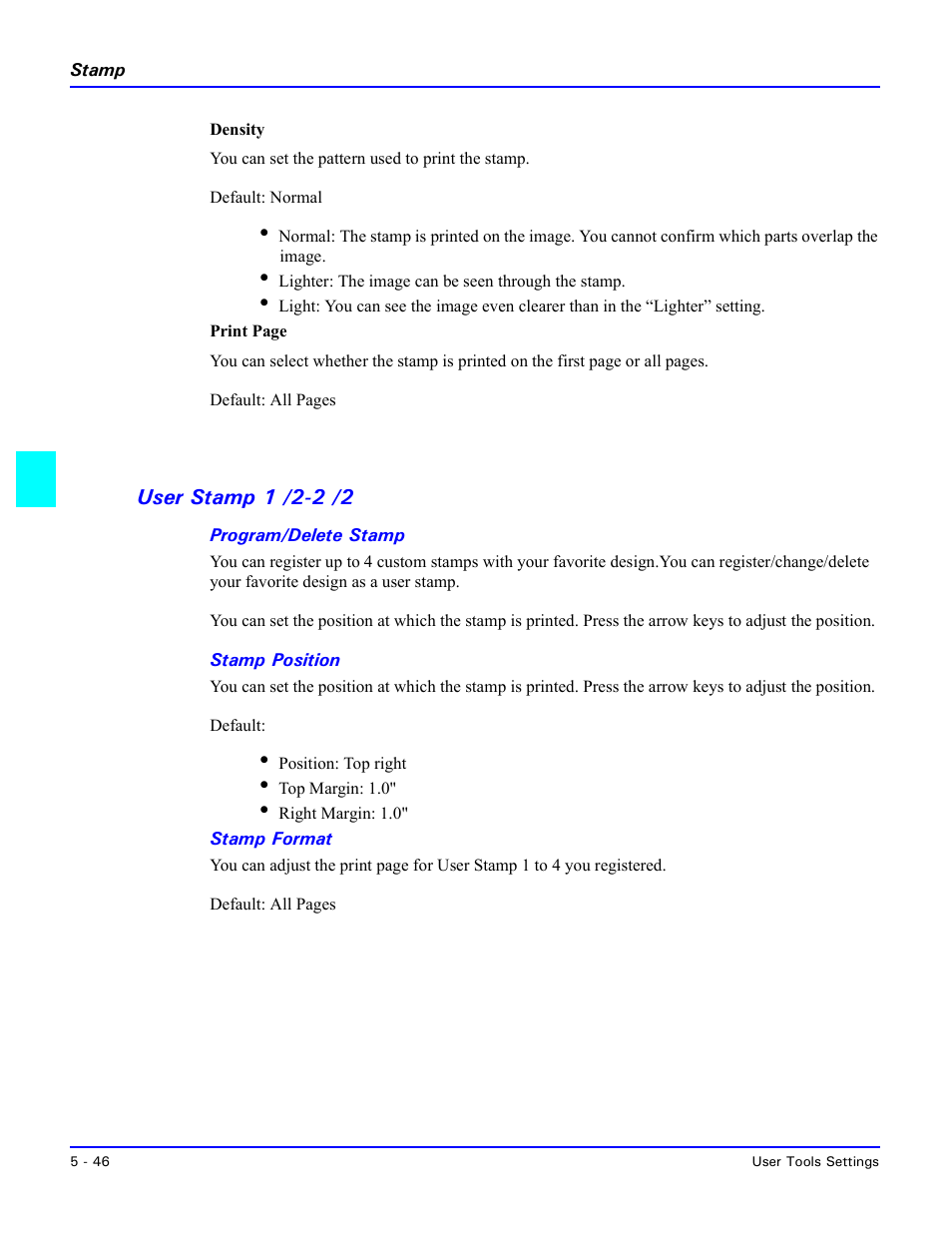 User stamp 1 /2-2 /2, Program/delete stamp, Stamp position | Stamp format, User stamp 1 /2-2 /2 -46 | Lanier 5635 User Manual | Page 162 / 288