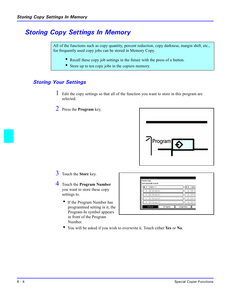 Storing copy settings in memory, Storing your settings, Storing copy settings in memory -4 | Storing your settings -4 | Lanier 5635 User Manual | Page 174 / 288