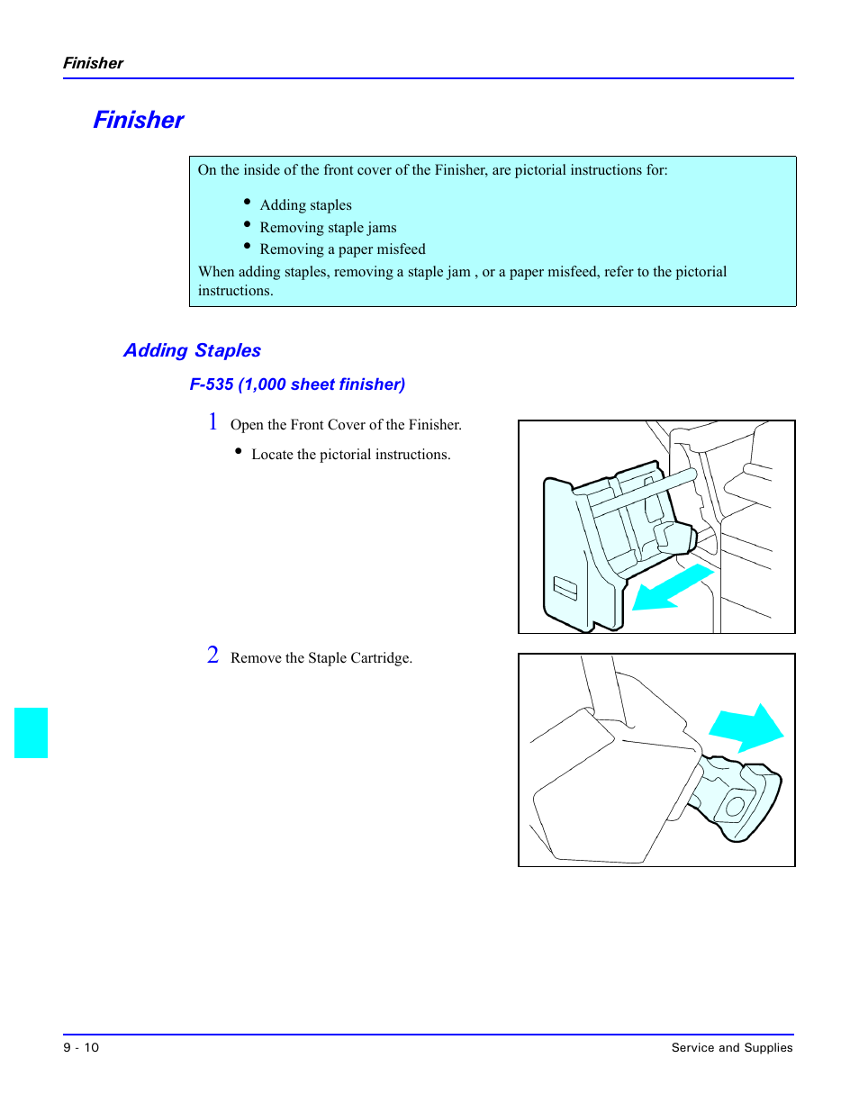 Finisher, Adding staples, F-535 (1,000 sheet finisher) | Adding staples -10 | Lanier 5635 User Manual | Page 236 / 288