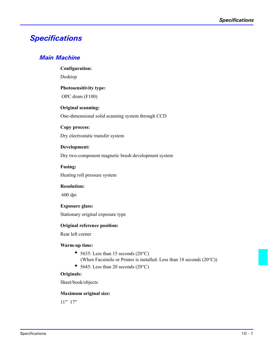 Specifications, Main machine, Specifications -1 | Main machine -1 | Lanier 5635 User Manual | Page 259 / 288