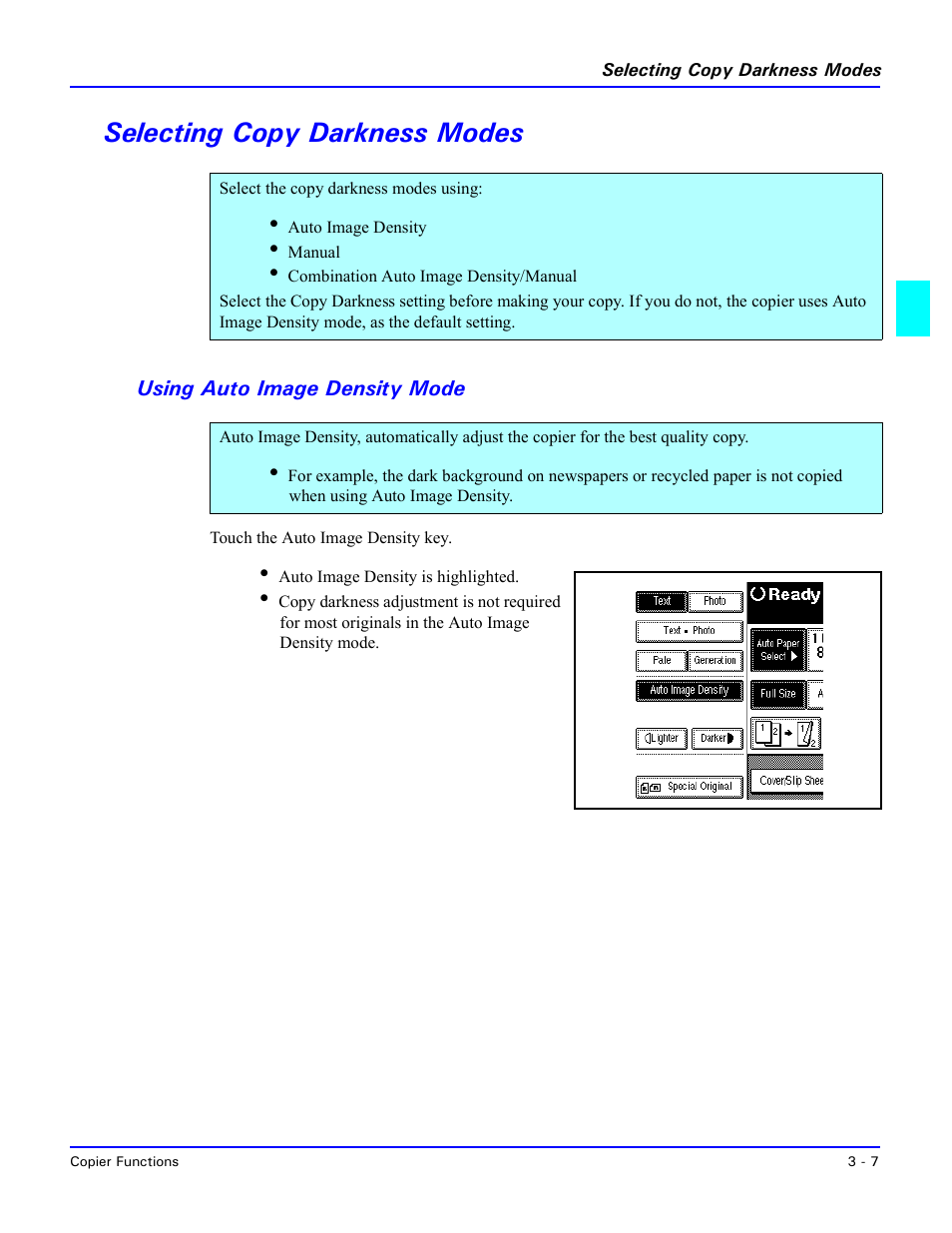 Selecting copy darkness modes, Using auto image density mode, Selecting copy darkness modes -7 | Using auto image density mode -7, D. see “using auto image density | Lanier 5635 User Manual | Page 35 / 288