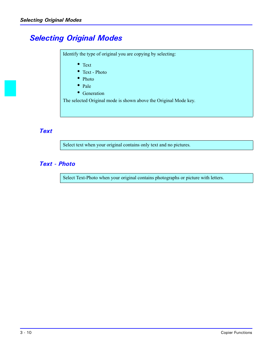 Selecting original modes, Text, Text - photo | Selecting original modes -10, Text -10 text - photo -10 | Lanier 5635 User Manual | Page 38 / 288