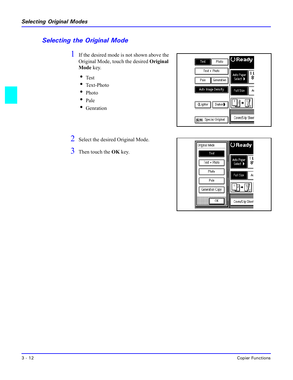 Selecting the original mode, Selecting the original mode -12, See “selecting the | Lanier 5635 User Manual | Page 40 / 288