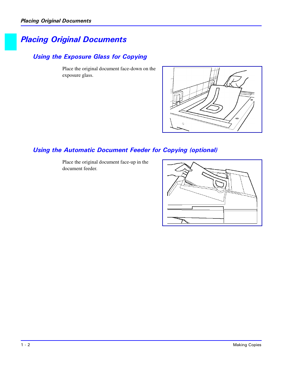 Placing original documents, Using the exposure glass for copying, Placing original documents -2 | Lanier 5415 User Manual | Page 10 / 104