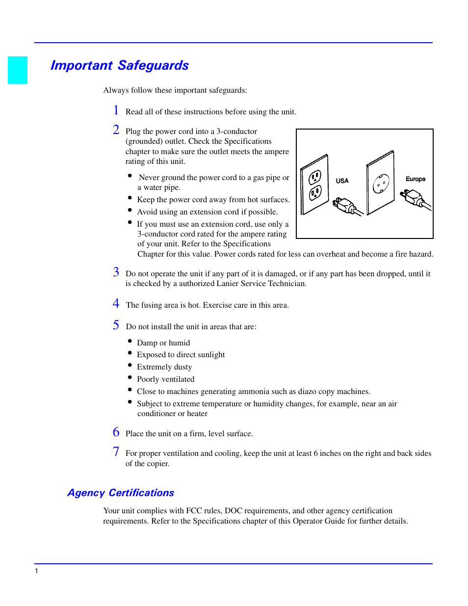 Important safeguards, Agency certifications | Lanier 5415 User Manual | Page 6 / 104