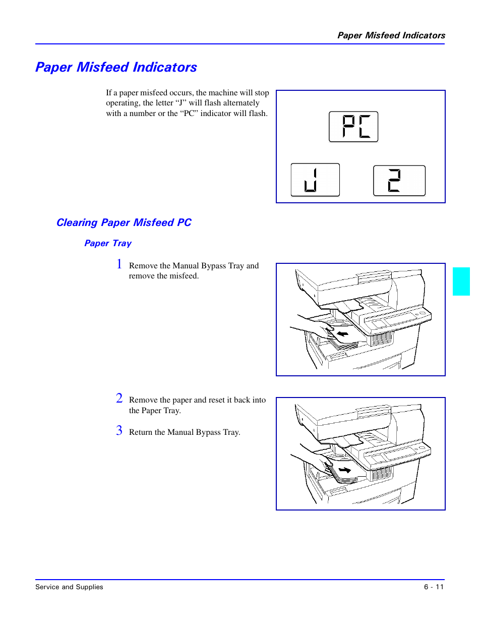 Paper misfeed indicators, Clearing paper misfeed pc, Paper tray | Paper misfeed indicators -11, Clearing paper misfeed pc -11 | Lanier 5415 User Manual | Page 73 / 104
