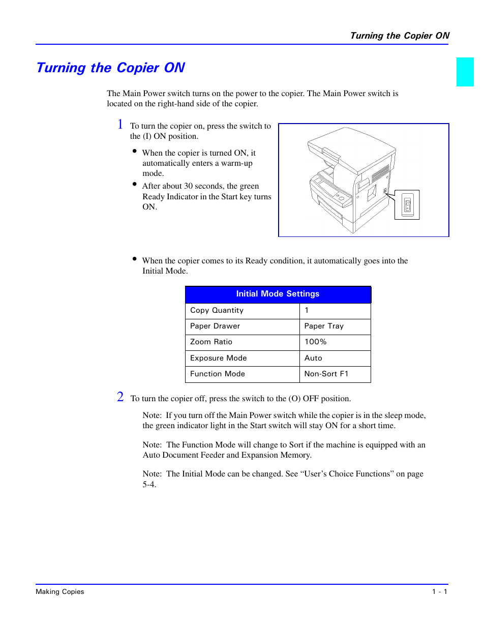 Turning the copier on, Turning the copier on -1 | Lanier 5415 User Manual | Page 9 / 104