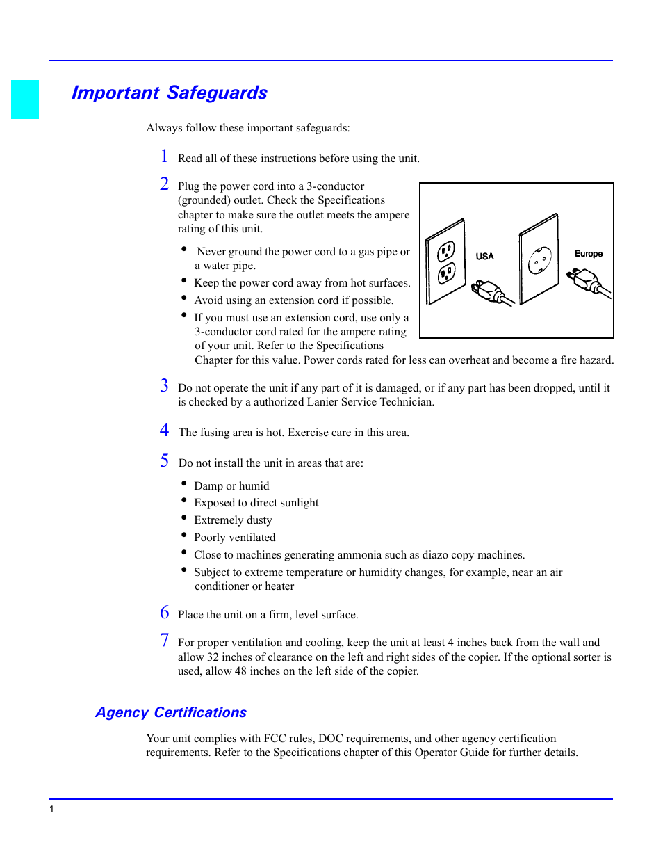 Important safeguards, Agency certifications | Lanier 5470 User Manual | Page 10 / 184