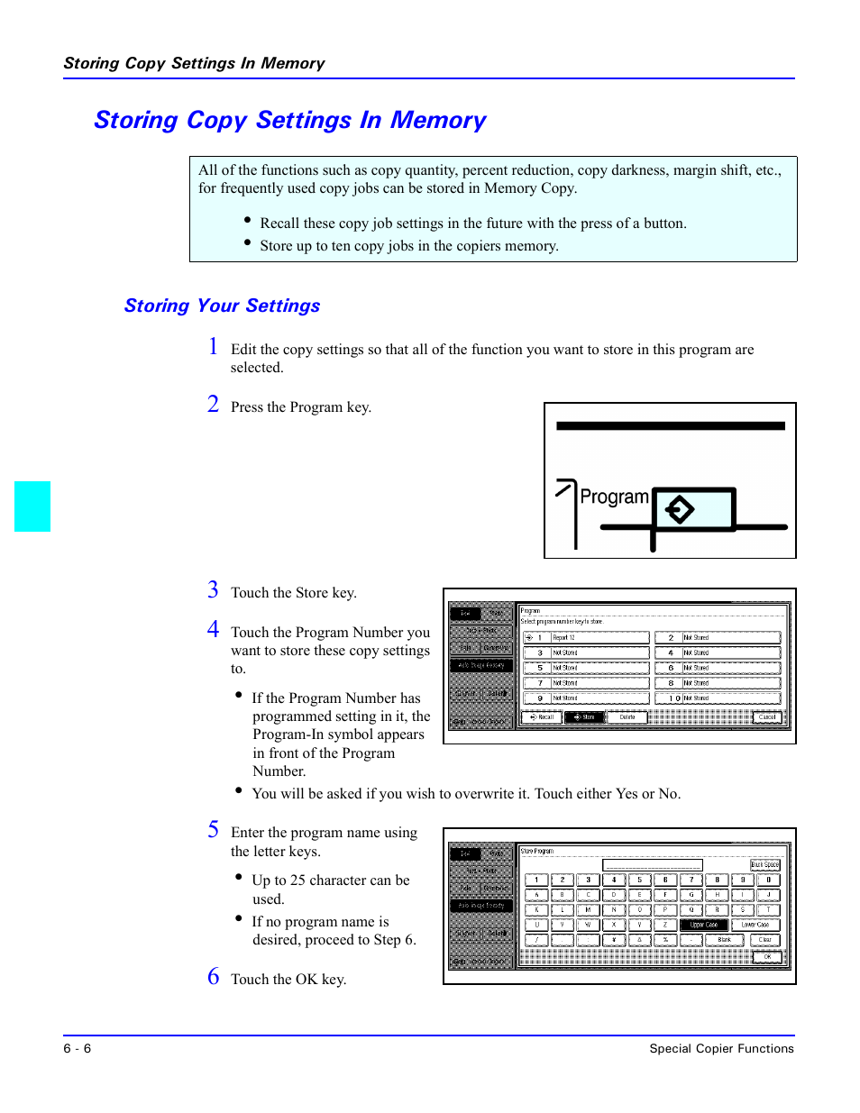 Storing copy settings in memory, Storing your settings, Storing copy settings in memory -6 | Storing your settings -6 | Lanier 5470 User Manual | Page 116 / 184