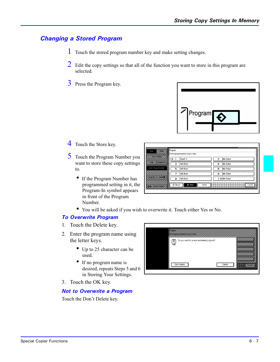 Changing a stored program, To overwrite program, Not to overwrite a program | Changing a stored program -7 | Lanier 5470 User Manual | Page 117 / 184