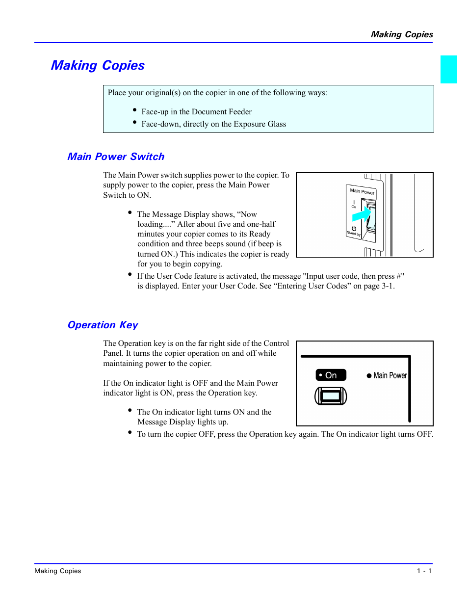 Making copies, Main power switch, Operation key | Making copies -1, Main power switch -1 operation key -1 | Lanier 5470 User Manual | Page 13 / 184