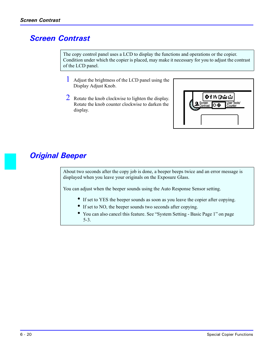 Screen contrast, Original beeper, Screen contrast -20 | Original beeper -20, Screen contrast 1 | Lanier 5470 User Manual | Page 130 / 184