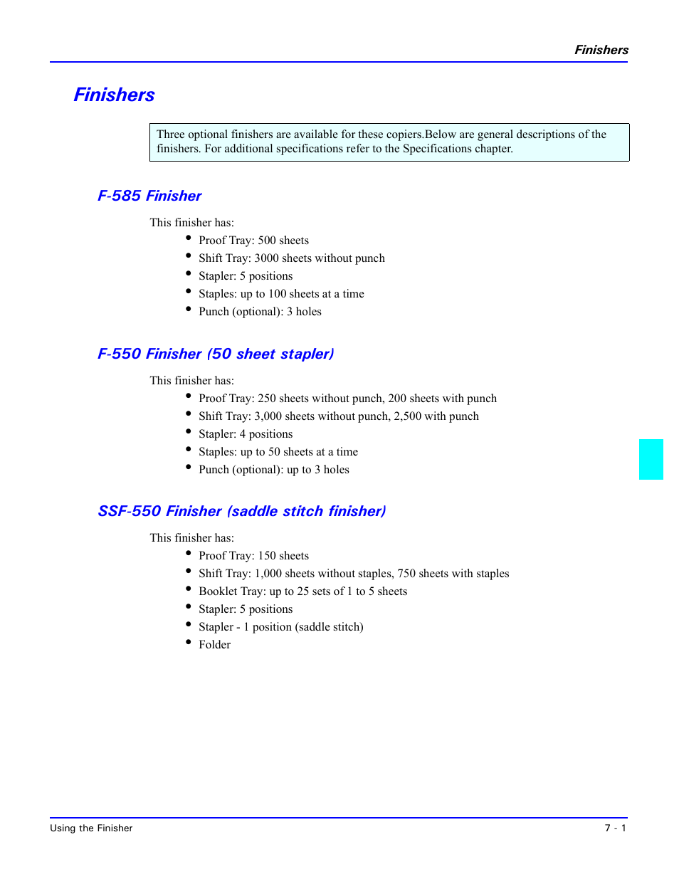 Finishers, F-585 finisher, F-550 finisher (50 sheet stapler) | Ssf-550 finisher (saddle stitch finisher), Finishers -1, Ssf-550 finisher (saddle stitch finisher) -1 | Lanier 5470 User Manual | Page 135 / 184