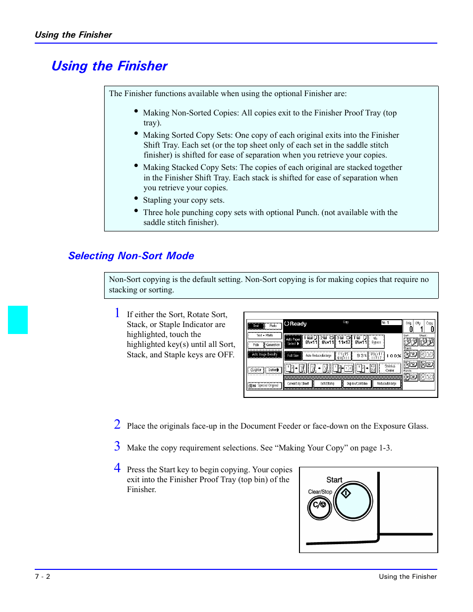 Using the finisher, Selecting non-sort mode, Using the finisher -2 | Selecting non-sort mode -2 | Lanier 5470 User Manual | Page 136 / 184