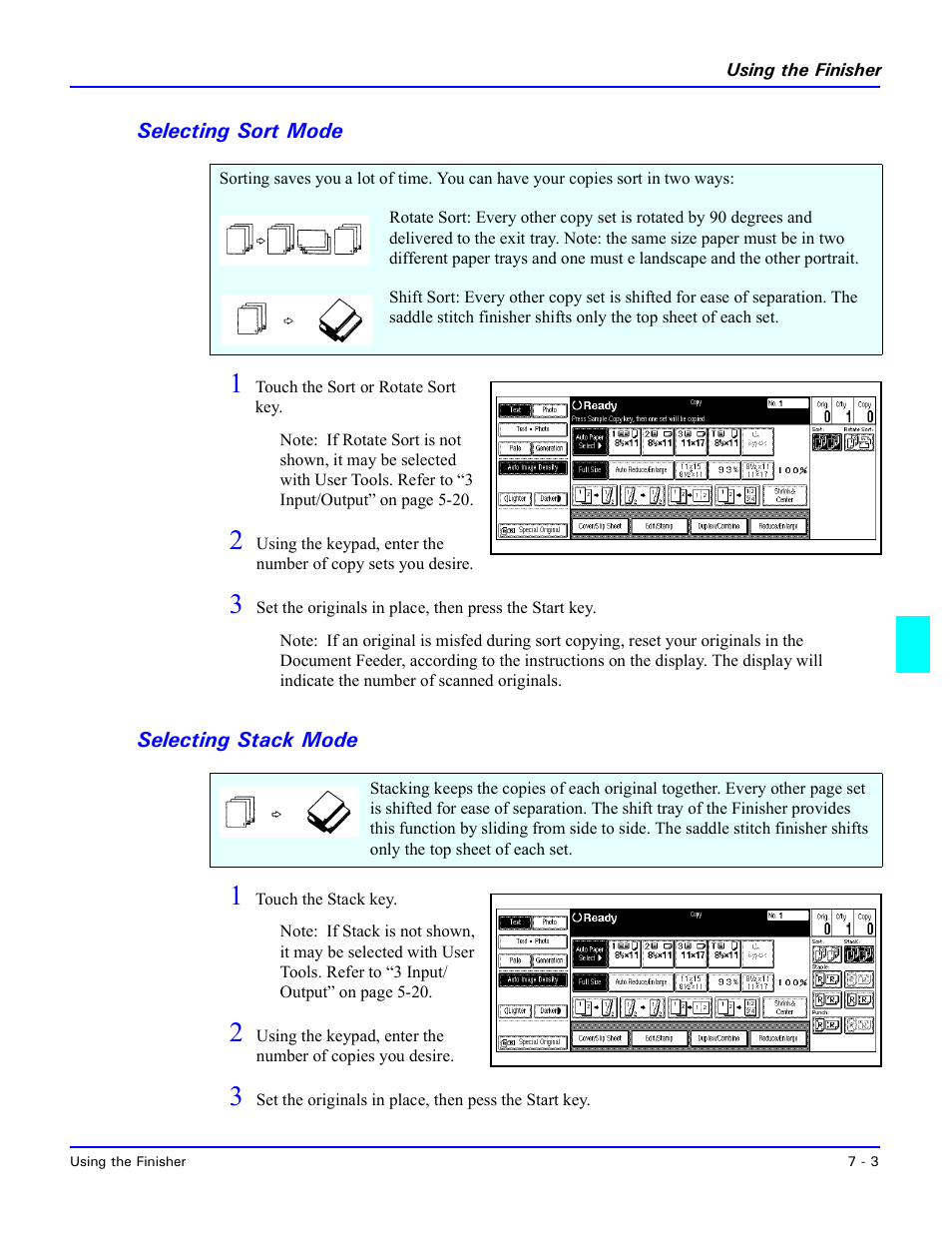 Selecting sort mode, Selecting stack mode, Selecting sort mode -3 selecting stack mode -3 | Lanier 5470 User Manual | Page 137 / 184