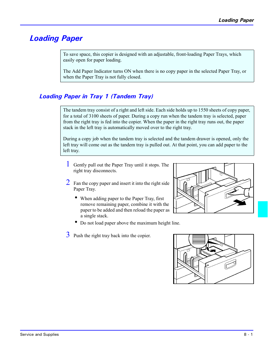 Loading paper, Loading paper in tray 1 (tandem tray), Loading paper -1 | Loading paper in tray 1 (tandem tray) -1 | Lanier 5470 User Manual | Page 143 / 184