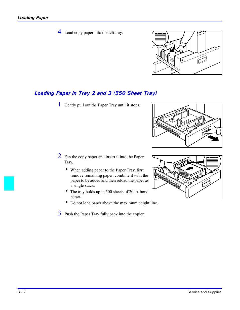 Loading paper in tray 2 and 3 (550 sheet tray), Loading paper in tray 2 and 3 (550 sheet tray) -2 | Lanier 5470 User Manual | Page 144 / 184