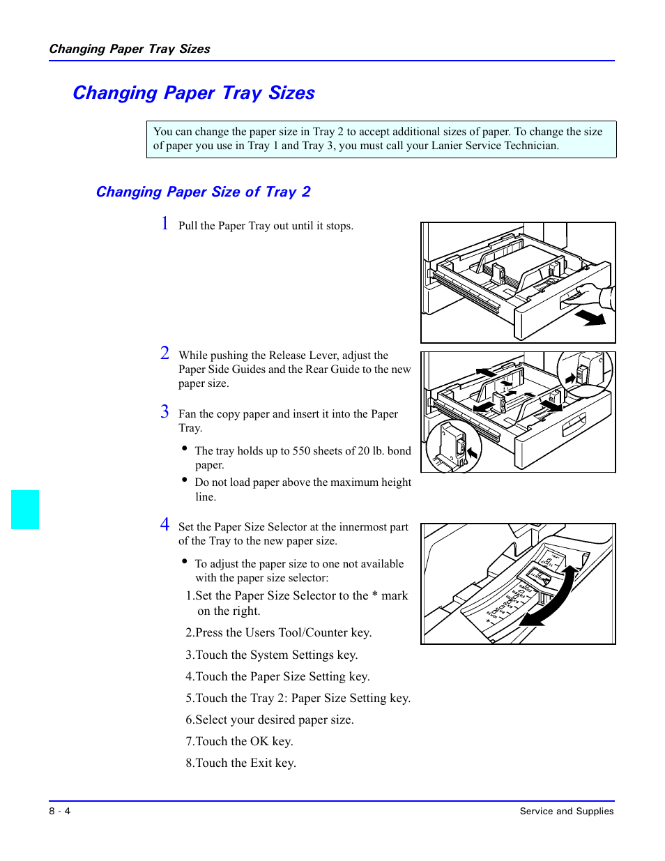 Changing paper tray sizes, Changing paper size of tray 2, Changing paper tray sizes -4 | Changing paper size of tray 2 -4 | Lanier 5470 User Manual | Page 146 / 184