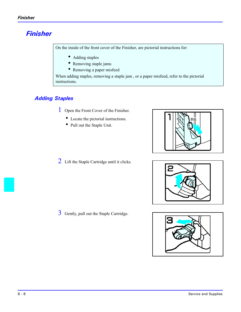 Finisher, Adding staples, Finisher -8 | Adding staples -8 | Lanier 5470 User Manual | Page 150 / 184