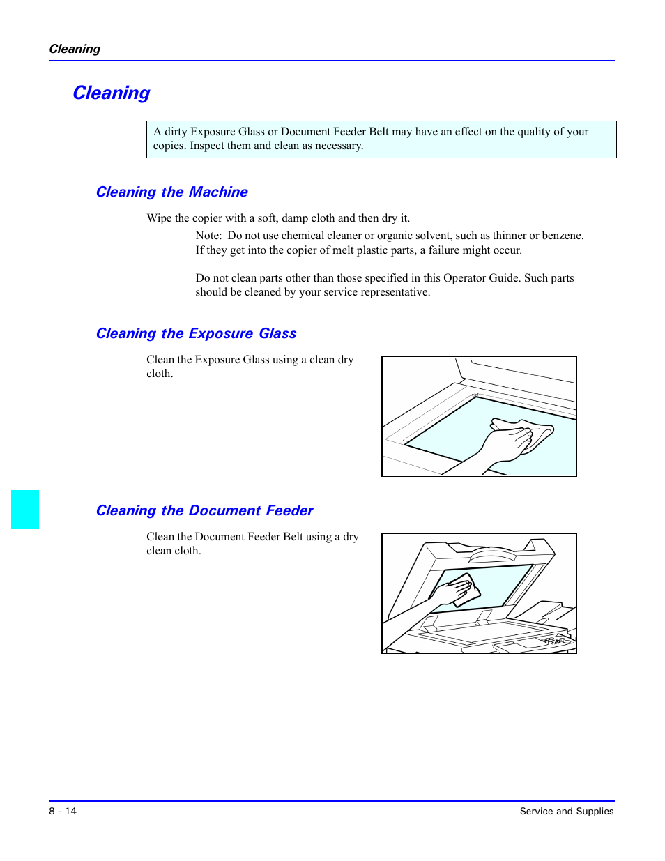 Cleaning, Cleaning the machine, Cleaning the exposure glass | Cleaning the document feeder, Cleaning -14, Cleaning the machine -14 | Lanier 5470 User Manual | Page 156 / 184