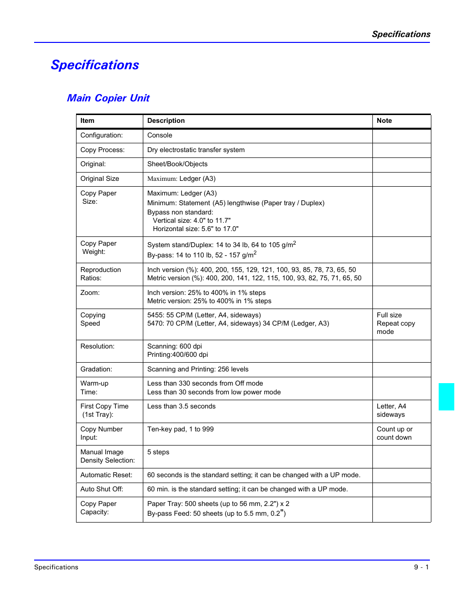 Specifications, Main copier unit, Specifications -1 | Main copier unit -1 | Lanier 5470 User Manual | Page 159 / 184