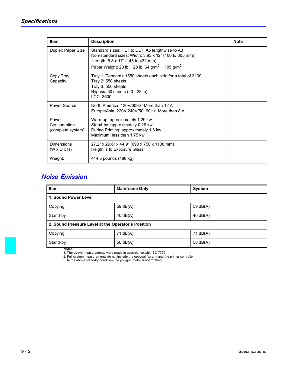 Noise emission, Noise emission -2, Specifications | Lanier 5470 User Manual | Page 160 / 184